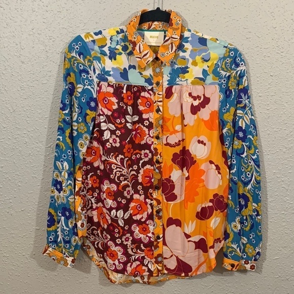 Maeve Anthropologie Contrast Print Buttondown Long Sleeve Blouse NWT size XXS - Picture 4 of 14